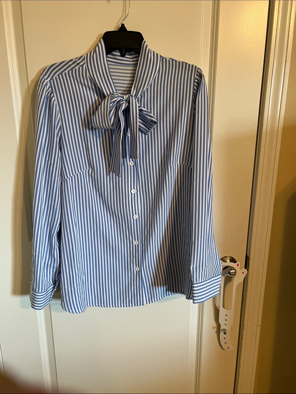 SHEIN Blue & White Striped Bow-Neck Blouse